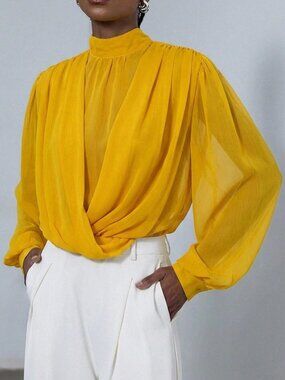 Yellow Elegant Women's Sheer Mock Neck Chiffon Wrap Front Puff Sleeve Blouse